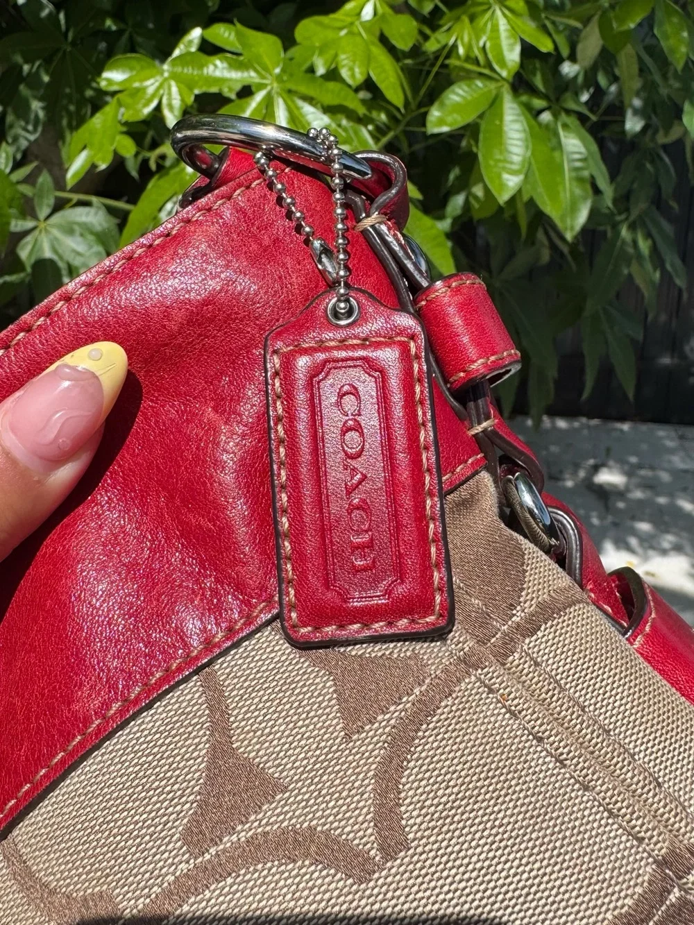 Coach Zoe Signature Canvas Hobo with Red Leather Trim